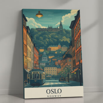 Oslo Norway Canvas Wall Art – Vintage Scandinavian Travel Poster – Nordic Cityscape Print