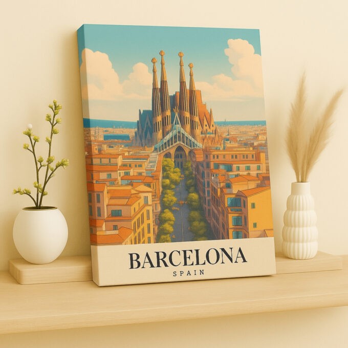 Barcelona Spain Canvas Wall Art – Sagrada Familia Cityscape Print for Mediterranean Interiors - Image 2
