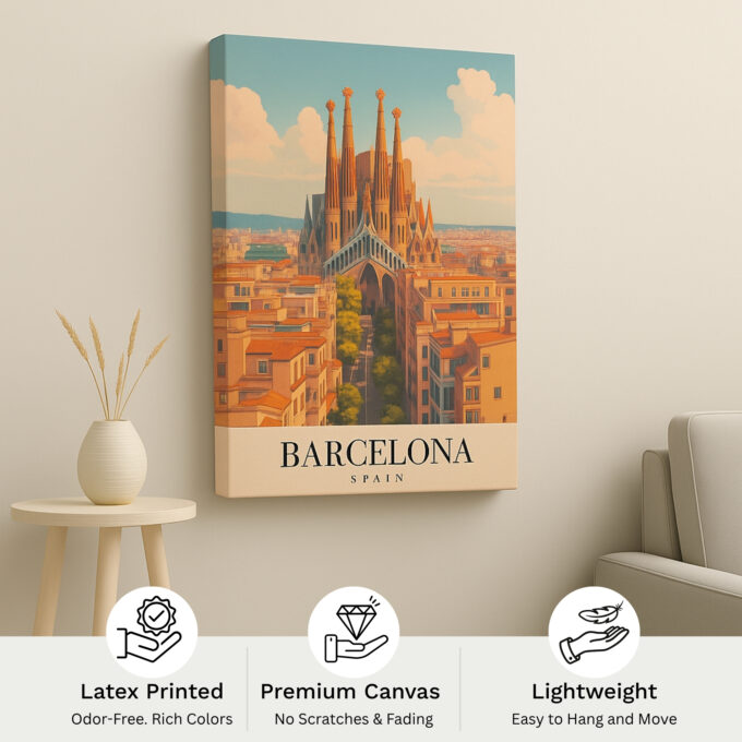 Barcelona Spain Canvas Wall Art – Sagrada Familia Cityscape Print for Mediterranean Interiors - Image 4