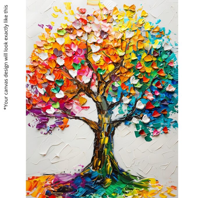 Spectrum of Life – Vibrant Tree Canvas Wall Art with Colorful Palette Knife Texture - Image 5