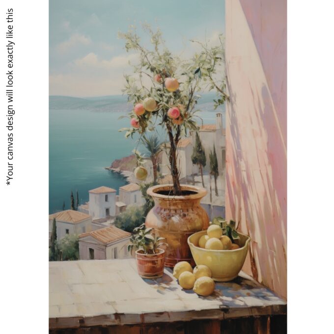 Citrus Balcony – Mediterranean Terrace Canvas Wall Art with Lemon Tree & Ocean View - Image 5
