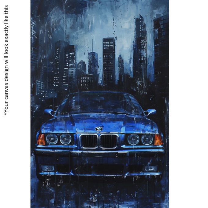 Rainy City BMW E36 Canvas Wall Art – Blue Classic Drip Poster - Image 5