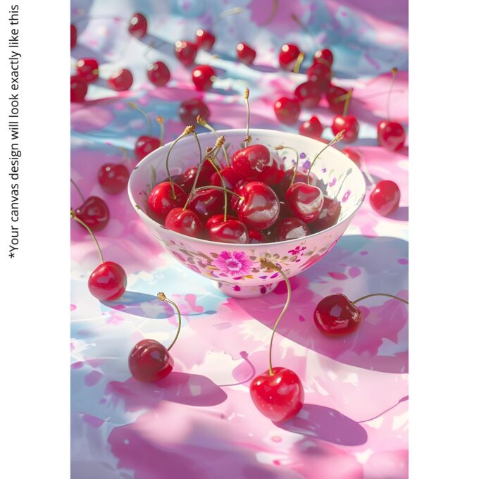 Bowl of Cherries on Pink Cloth – Sweet Cherry Fruit Canvas Wall Decor - Image 5