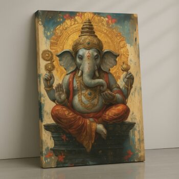 Hanuman spiritual canvas wall art with gold aura, ready to hang.