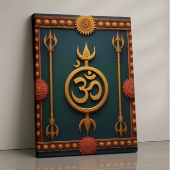 Om symbol canvas print in gold and emerald tones, spiritual decor ready to hang.