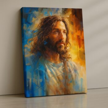 Jesus Christ portrait canvas in gold and blue tones, faith-inspired wall art.