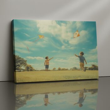 Quantum Breeze kids flying kites canvas print by Artfy Canvas – playful family bonding wall painting