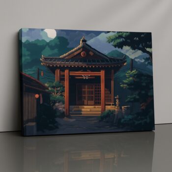 Pixel Temple retro temple moonlight canvas print by Artfy Canvas – pixel-art cultural wall décor