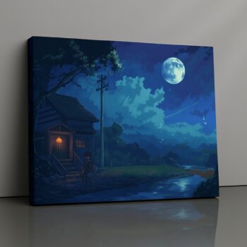 Moonlit countryside home nightscape canvas print by Artfy Canvas – serene wall painting for bedrooms & poetic interiors