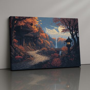 Autumn Protocol seasonal temple courtyard canvas print by Artfy Canvas – glowing lantern fall décor for meditation & living rooms