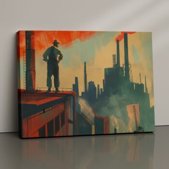 Industrial Memory retro worker canvas print by Artfy Canvas – vintage factory skyline painting