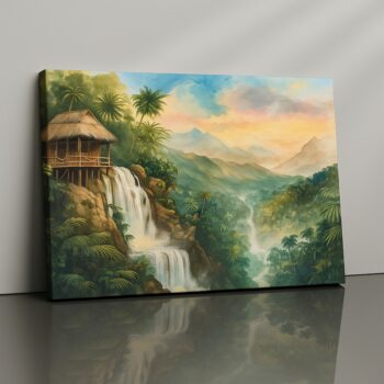 Horizon Code bamboo hut tropical waterfall canvas print by Artfy Canvas – rustic scenic sunrise wall décor