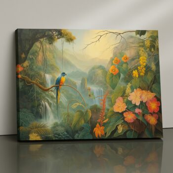 Bloom Circuit tropical jungle bird & flowers canvas print by Artfy Canvas – exotic floral painting for living room & wellness décor
