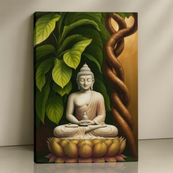 Enlightened Serenity Buddha Canvas Print in earthy green and golden tones.