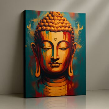 Radiant Calm Buddha Canvas Print in vibrant teal and orange tones.