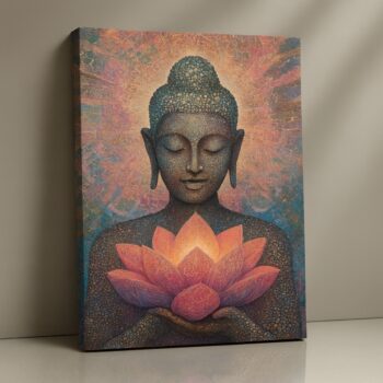 Eternal Light Buddha Canvas Print with glowing lotus and mosaic textures.