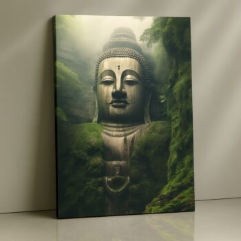 Tranquil Monolith Buddha Canvas Print with mountain-carved face in misty tones.