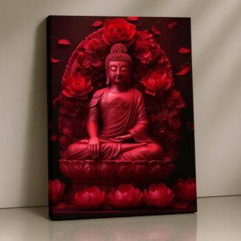 Crimson Serenity Buddha Canvas Print in bold red tones with lotus and roses.