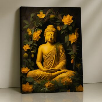 Blossoming Light Buddha Canvas Print with golden floral accents.