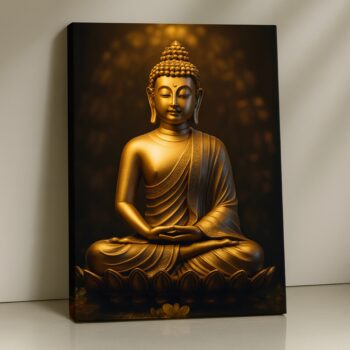 Golden Tranquility Buddha Canvas Print in glowing golden hues on dark backdrop.