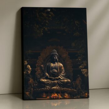 Golden Reverence Buddha Canvas Print with golden light and temple backdrop.
