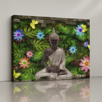 Floral Harmony Buddha Canvas Print with tropical flowers and nature balance.