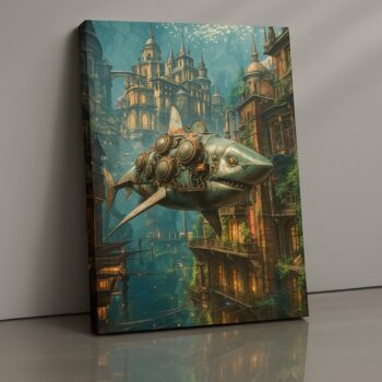 Mech Shark City Canvas Wall Art