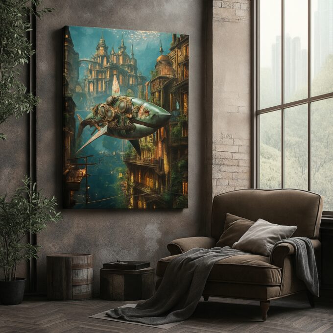 Mech Shark City Canvas Wall Art - Image 2