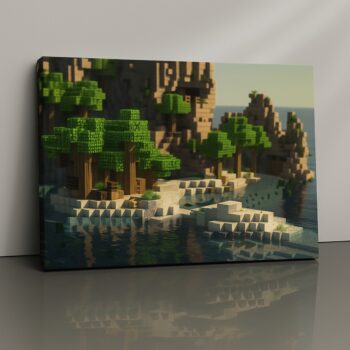Pixel Shoreline voxel seaside canvas print with blocky trees and digital water