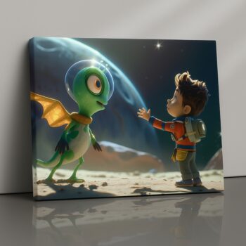 First Contact playful canvas print of child and friendly alien under stars