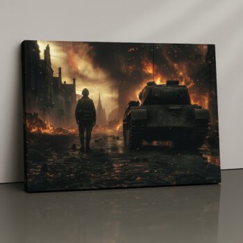 Iron Aftermath soldier and tank canvas print in fiery ruins