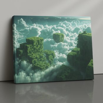 Skyward Realms fantasy canvas print with floating green structures in clouds