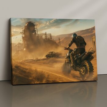 Sandstorm Riders desert adventure canvas print with riders in glowing storm