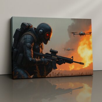 Dronefire Sentinel futuristic soldier canvas print with drones and flames