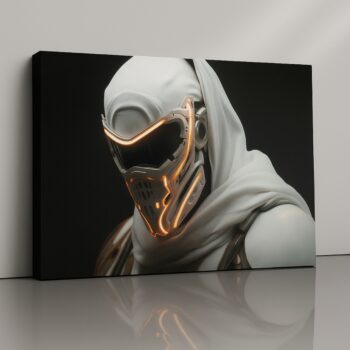 Neon Sentinel cyberpunk warrior canvas print with glowing helmet on dark backdrop