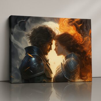 Flamebound Vow armored couple canvas print with flames and shadows