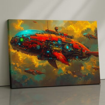 Crimson Armada futuristic battleships canvas print under ember-lit sky