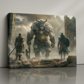 Titan’s Challenge giant vs warriors canvas print with stormy, dramatic lighting