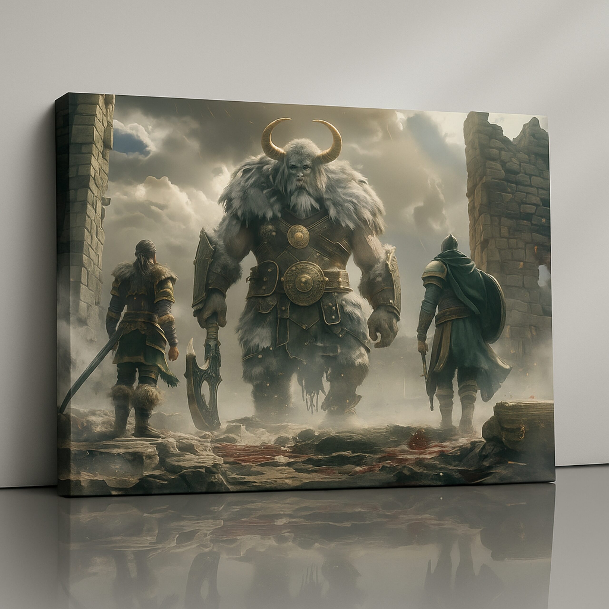 Titan’s Challenge giant vs warriors canvas print with stormy, dramatic lighting