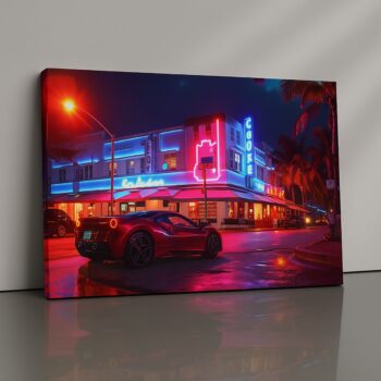 Neon Drift cyberpunk racing canvas print with neon reflections and skyline