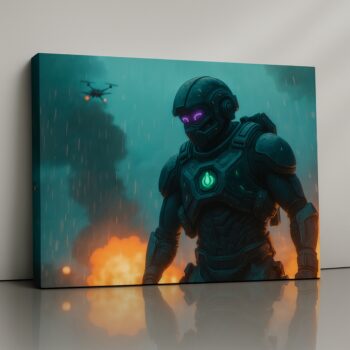 Titan Protocol armored mech canvas print with glowing visor in firestorm