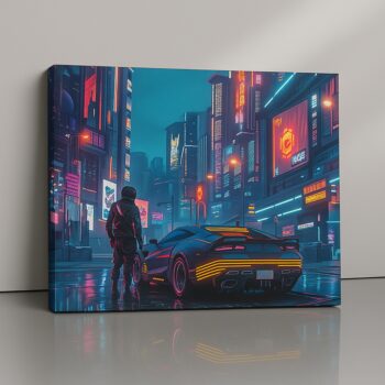 Neon Overdrive neon city canvas print with sleek car and lone figure in rain