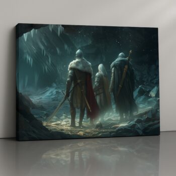 Frostborne Depths fantasy canvas print with adventurers in icy cavern