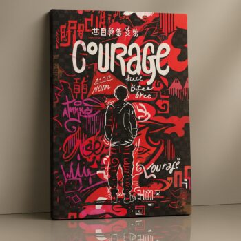 Bold Red Courage motivational graffiti canvas print – urban red wall art