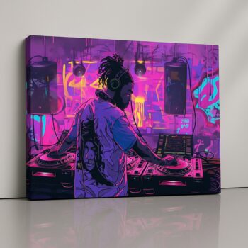 Neon Beat Master graffiti DJ neon wall canvas print by Artfy Canvas – nightlife street décor