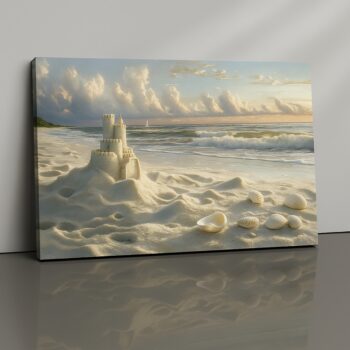 Sandcastle Dawn nostalgic seaside canvas print by Artfy Canvas – coastal wall décor