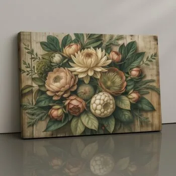 Petals and Pine Canvas Print – earthy rustic floral arrangement, farmhouse wall décor