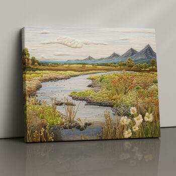 Embroidery-style meadow canvas print with artisan charm – textured floral wall art by Artfy Canvas