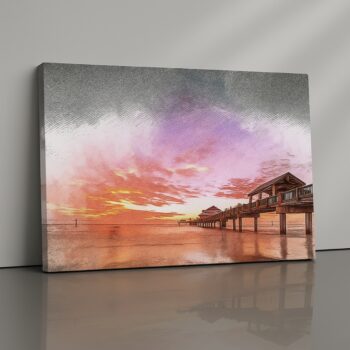 Seaside pier canvas print glowing with sunset romance – coastal evening décor by Artfy Canvas