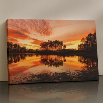 Golden landscape canvas print with pines and surreal tones – meditative wall décor by Artfy Canvas